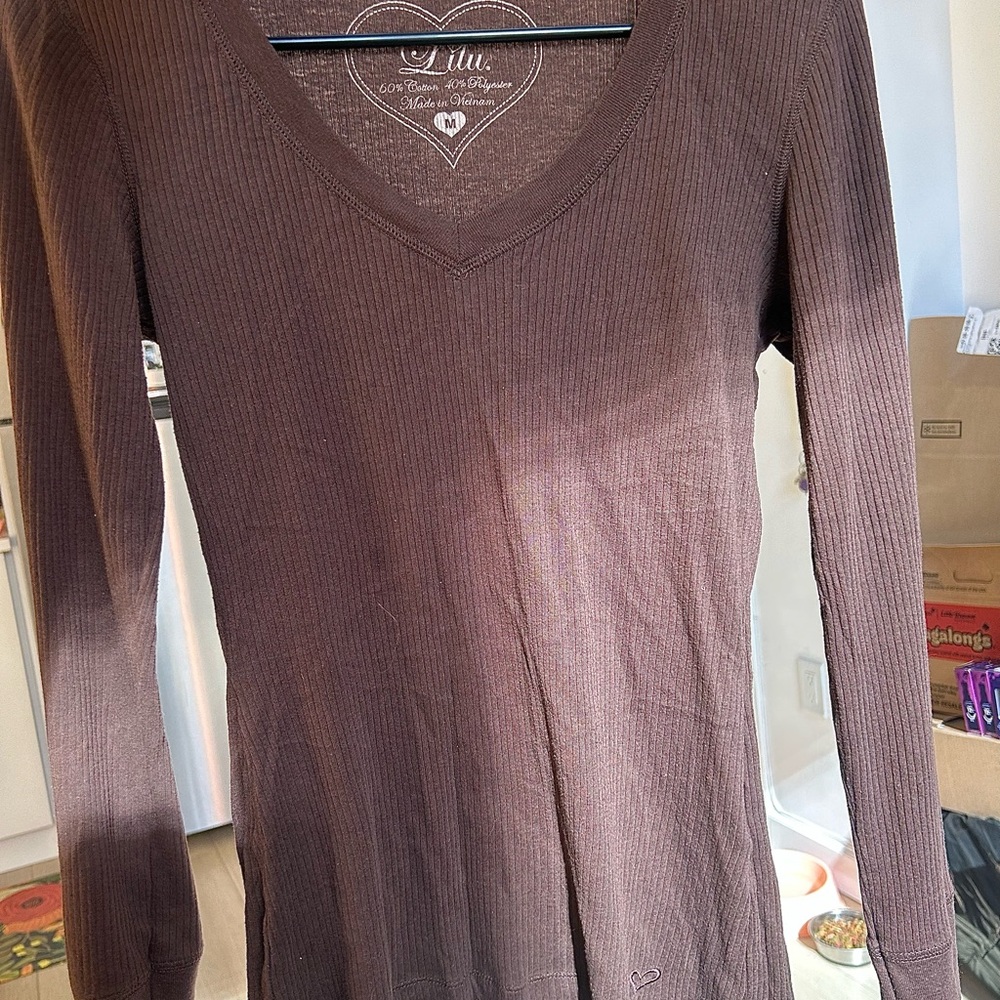 Lilu Brown Ribbed Fitted Long Sleeve Tee